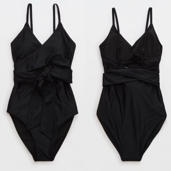 Aerie Wrap Full Coverage One Piece Swimsuit Black - Picture 2 of 7